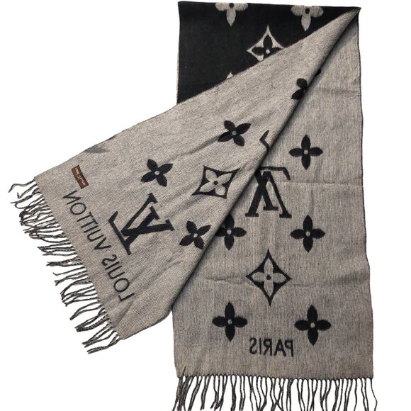 LOUIS VUITTON LV Reykjavik Black & Grey Reversible  Scarf Pre-Owned - Picture 2 of 9